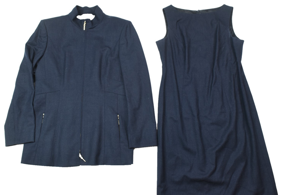 ESCADA Skirt Jacket Suit Womens 40 Navy Blue Wool Full-Zip Midi